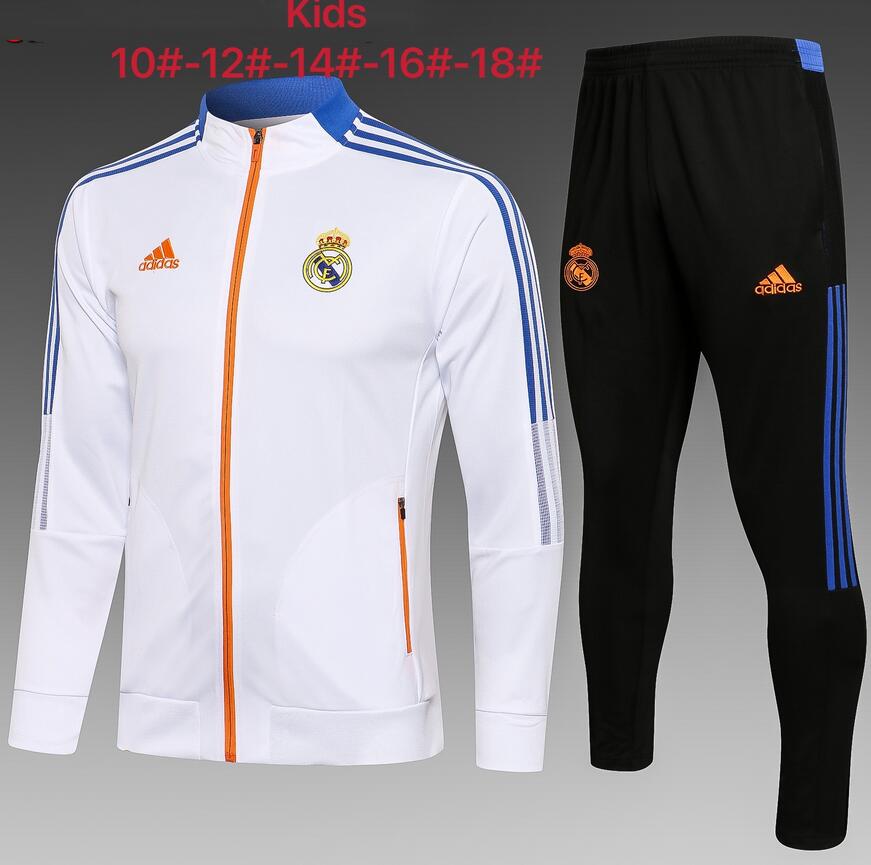 Kids 2021/22 Real Madrid White Blue Training Kits Youth Jacket with Pants